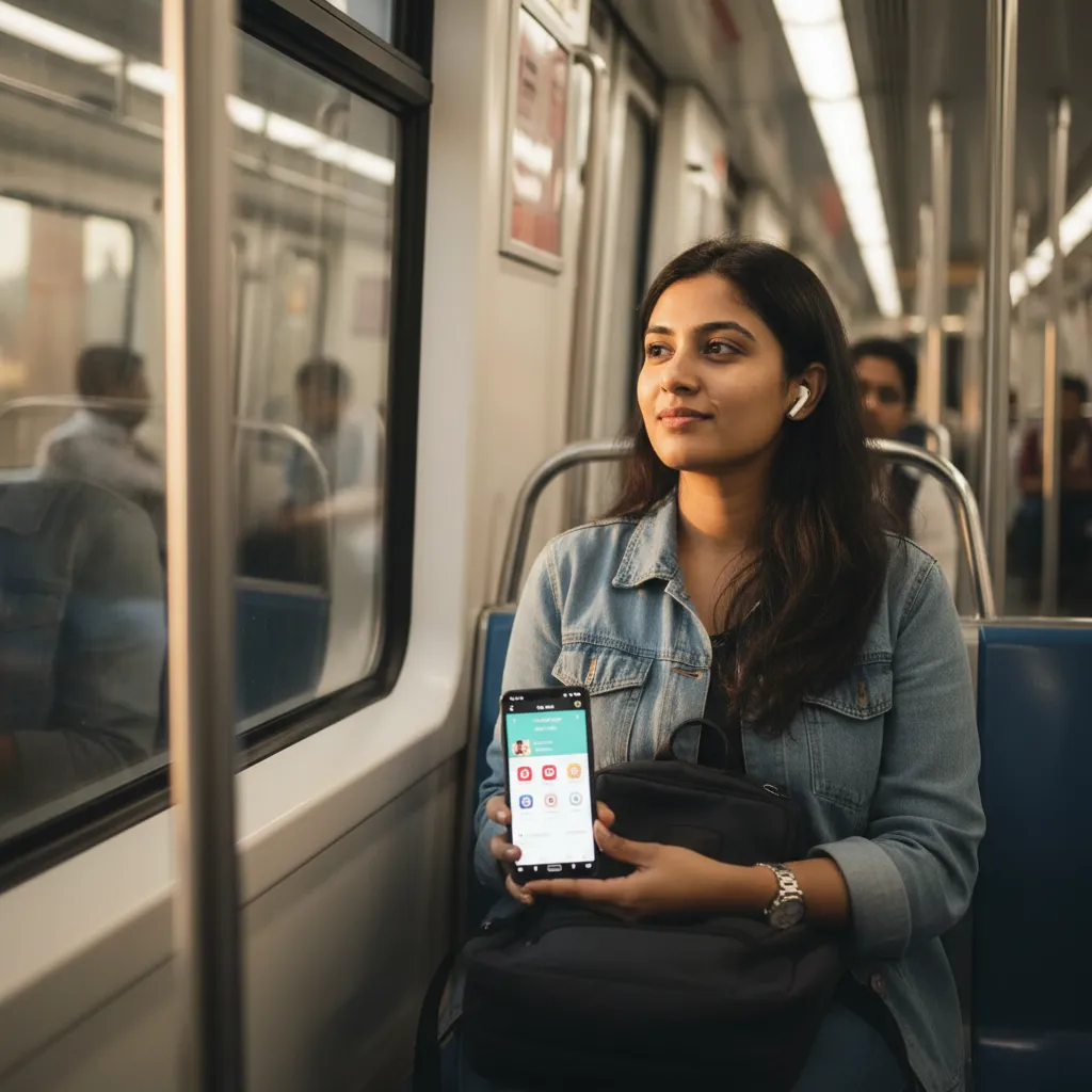 Wanita India fotorealistik menikmati aplikasi VidMate yang dikemas kini secara luar talian ketika perjalanan